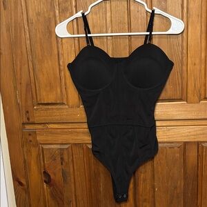 Reoria Women’s Stretch Black Spaghetti Strap Bodysuit with Corset Design size L